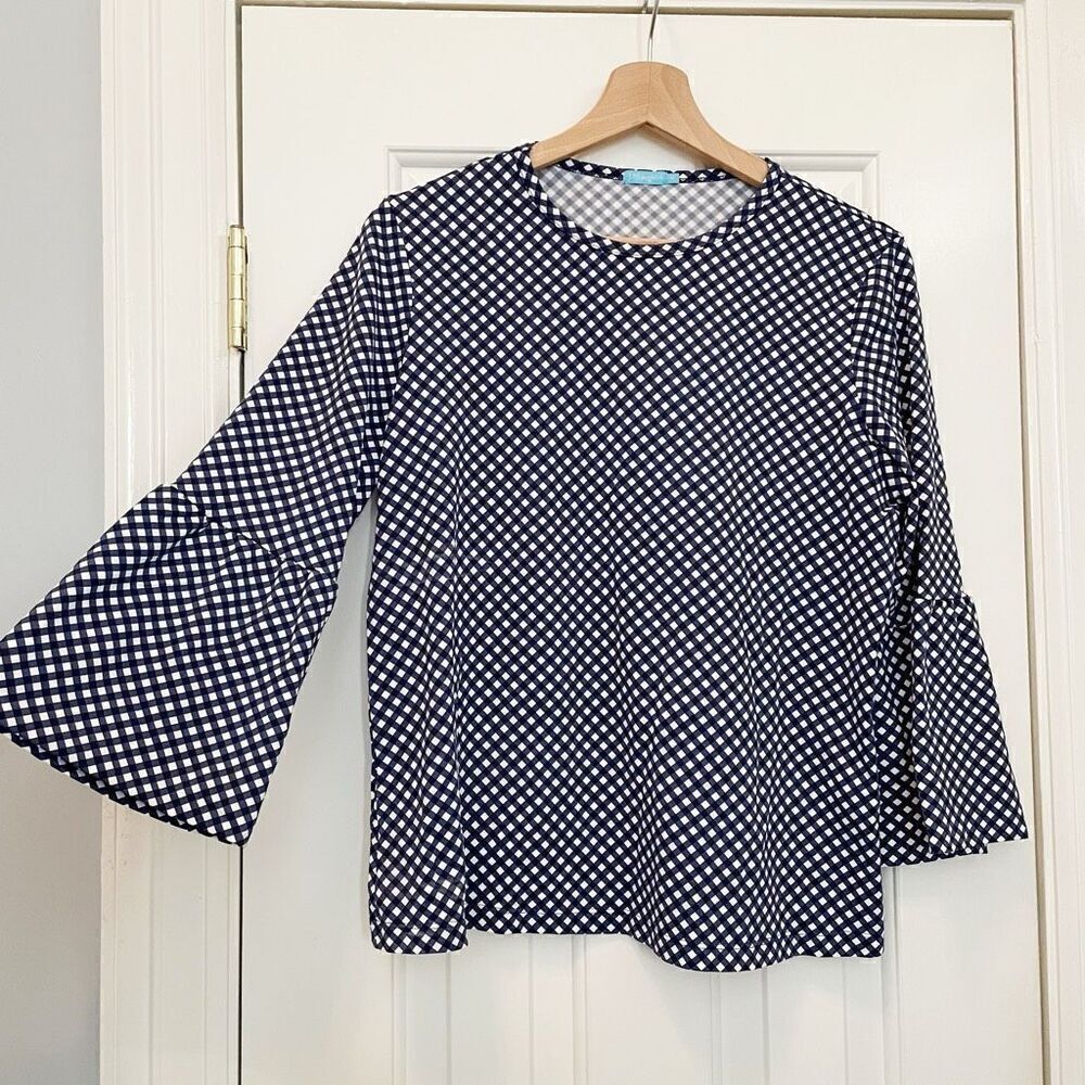 J. McLaughlin Keaton Bell Sleeve Top Shirt Gingham Plaid Stretch Navy Blue M